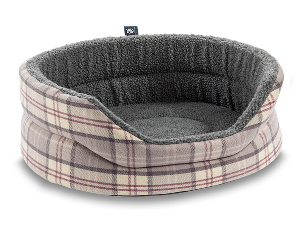 Snug Fleece Lined High Sided Oval Luxury Dog Bed 6 Sizes in Signature Rosewood Pink Tartan