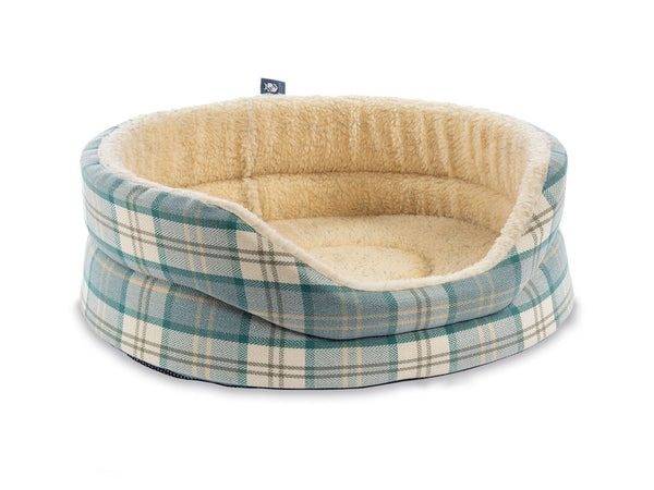 Snug Fleece Lined High Sided Oval Luxury Dog Bed 6 Sizes in Signature Pistachio Cream Tartan
