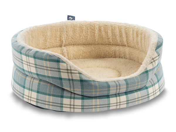 Snug Fleece Lined High Sided Oval Luxury Dog Bed 6 Sizes in Signature Pistachio Cream Tartan