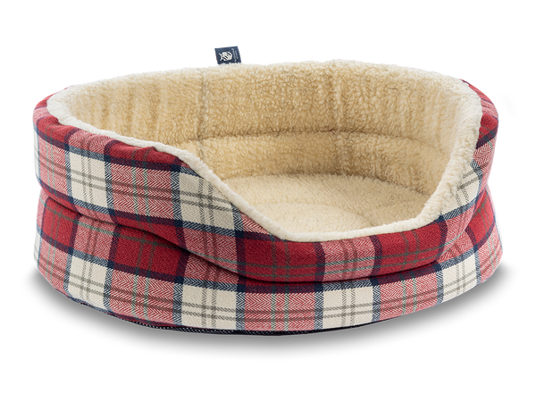 Snug Fleece Lined High Sided Oval Luxury Dog Bed 6 Sizes in Signature Summer Blush Check