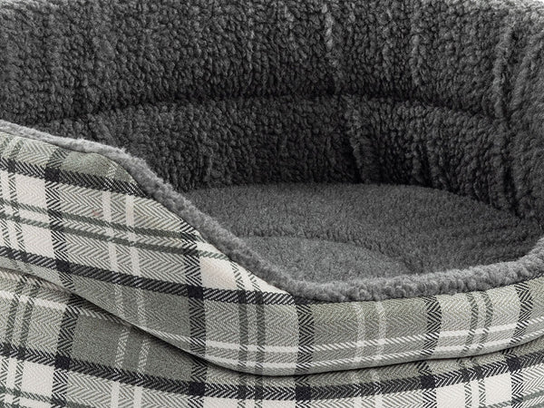 Snug Fleece Lined High Sided Oval Luxury Dog Bed 6 Sizes in Signature Graphite & Flint Tartan