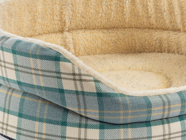 Snug Fleece Lined High Sided Oval Luxury Dog Bed 6 Sizes in Signature Pistachio Cream Tartan
