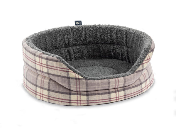 Snug Fleece Lined High Sided Oval Luxury Dog Bed 6 Sizes in Signature Rosewood Pink Tartan